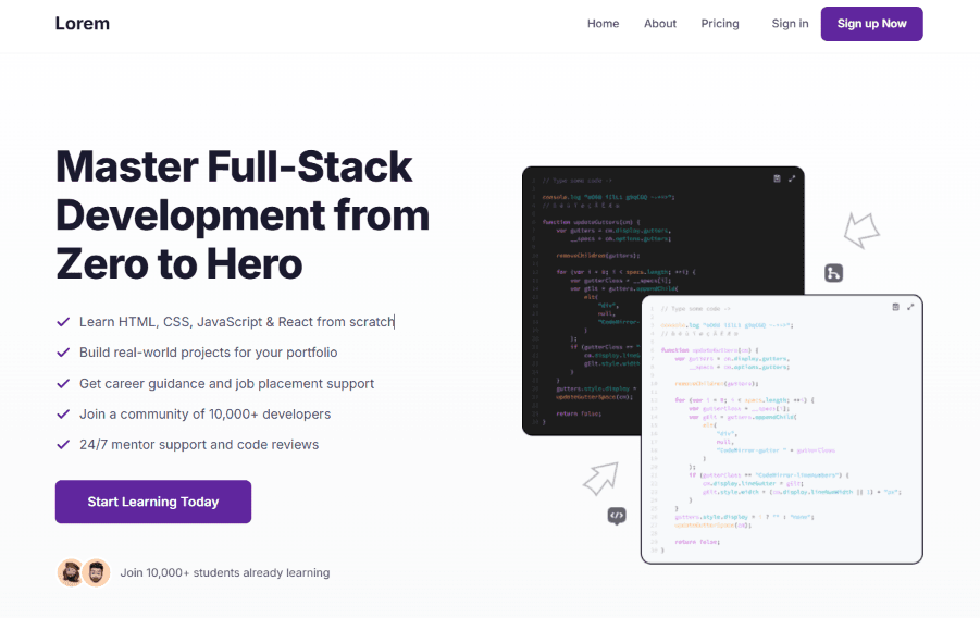 Full-stack development course landing page preview